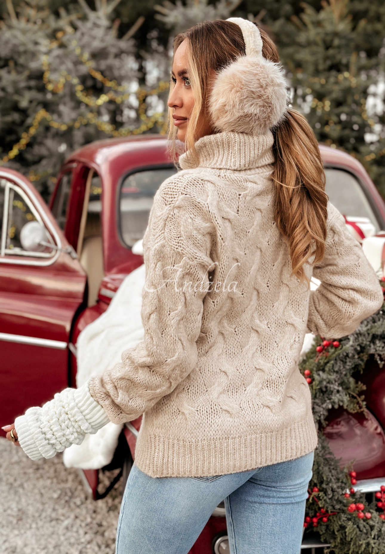 Embellished braided turtleneck sweater Zea beige