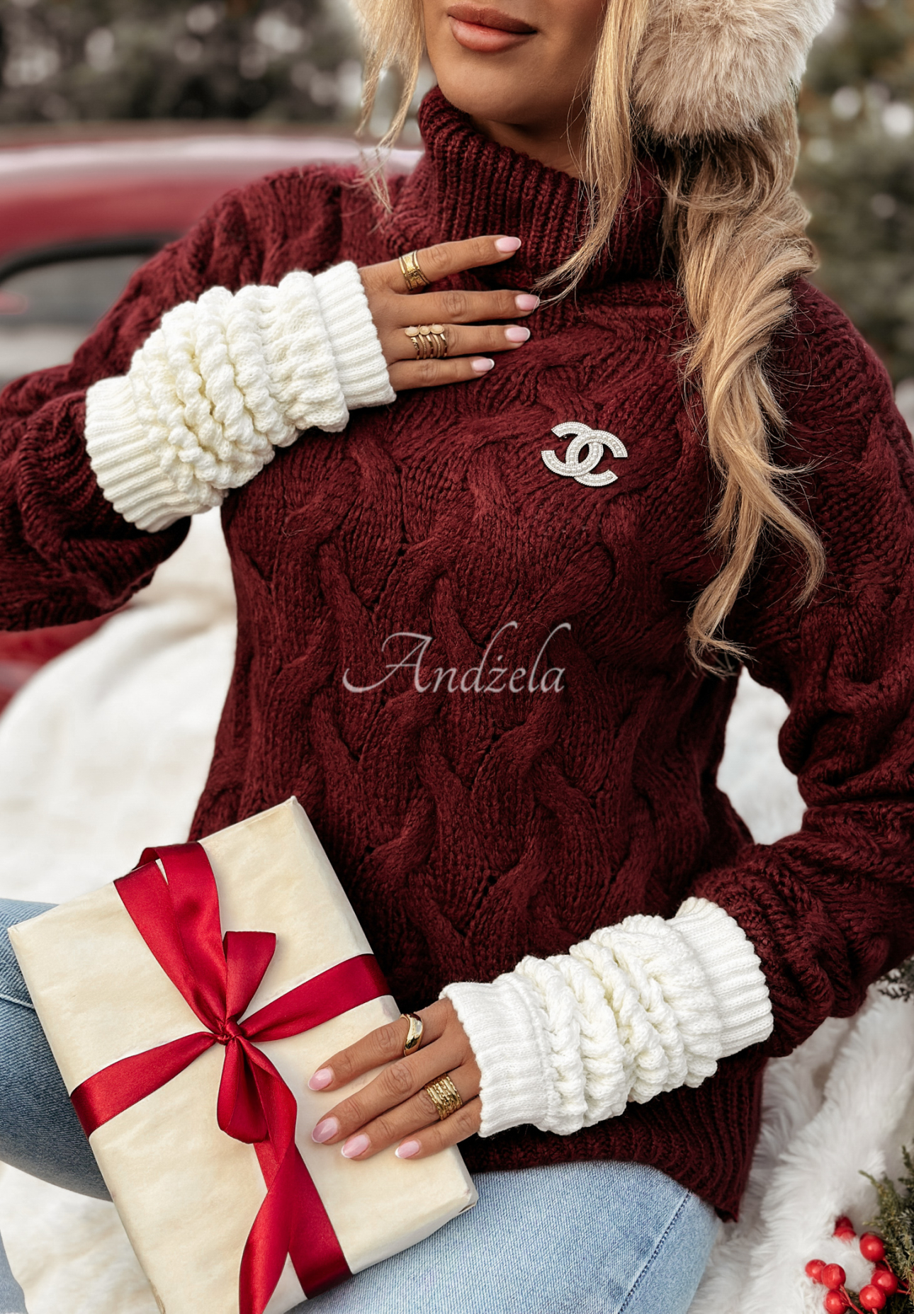 Embellished braided turtleneck sweater Zea burgundy