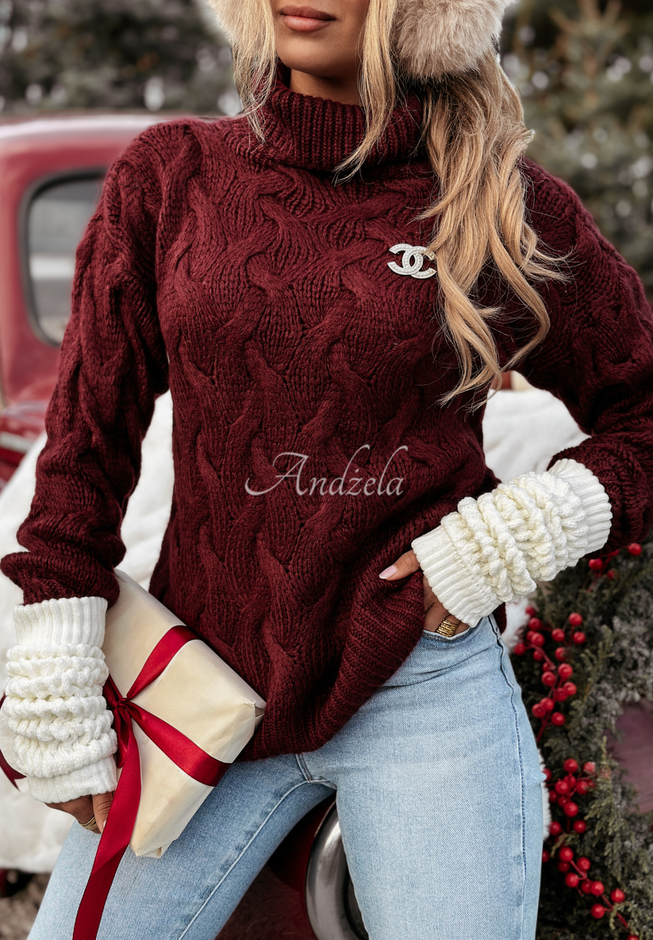 Embellished braided turtleneck sweater Zea burgundy