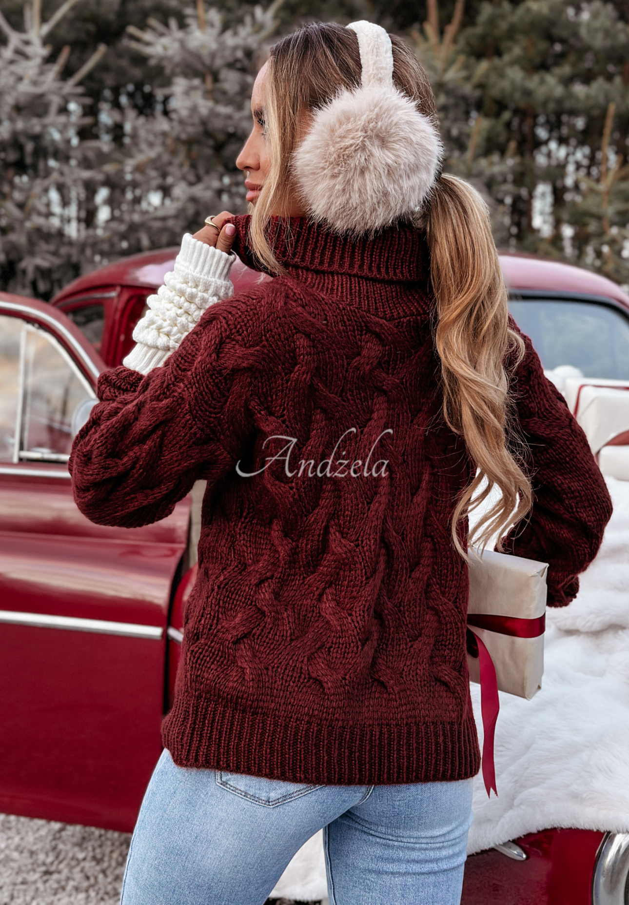 Embellished braided turtleneck sweater Zea burgundy