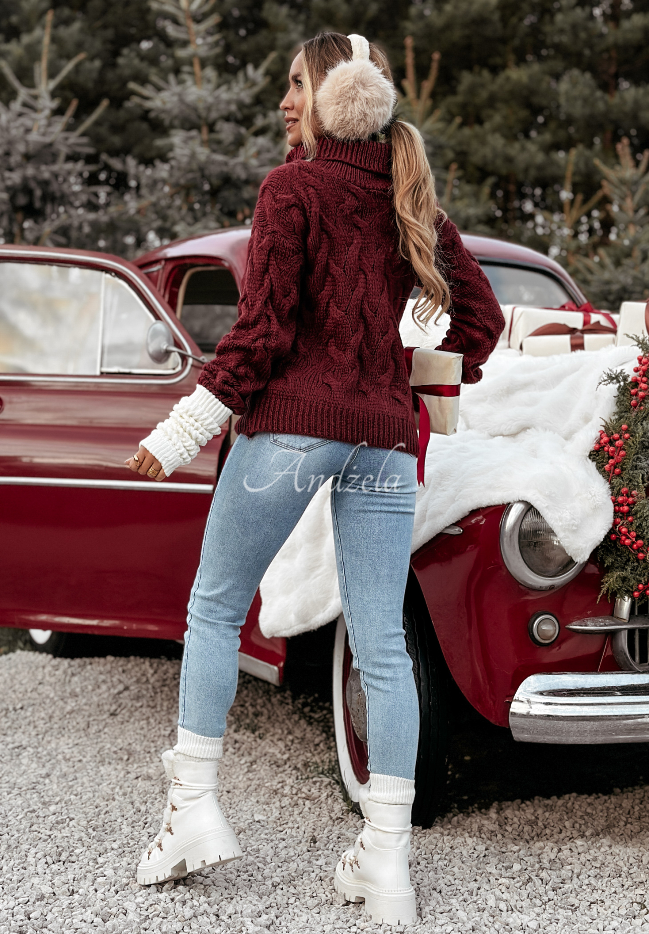 Embellished braided turtleneck sweater Zea burgundy