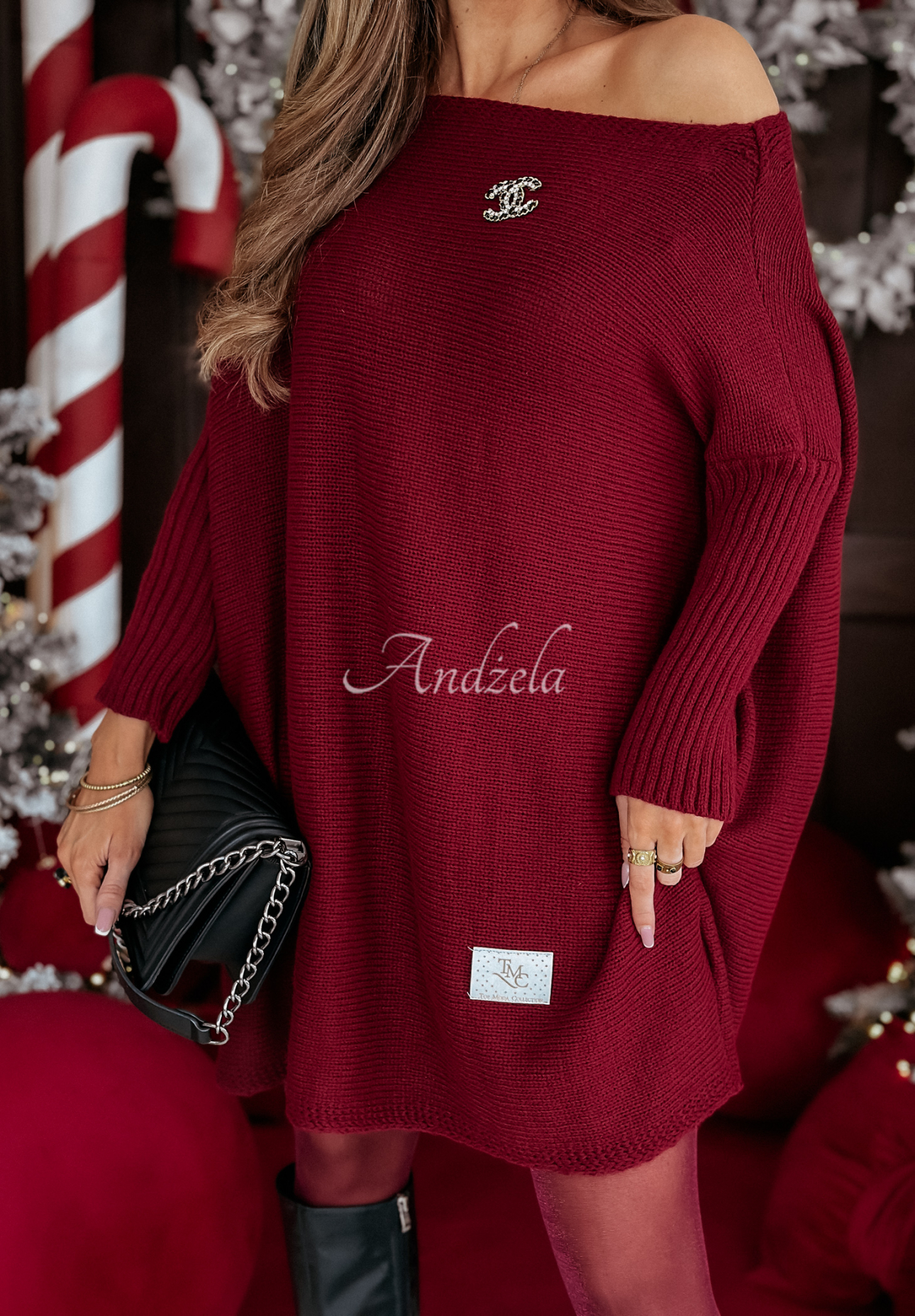 Dzianinowy sweter sukienka oversize California burgundowy