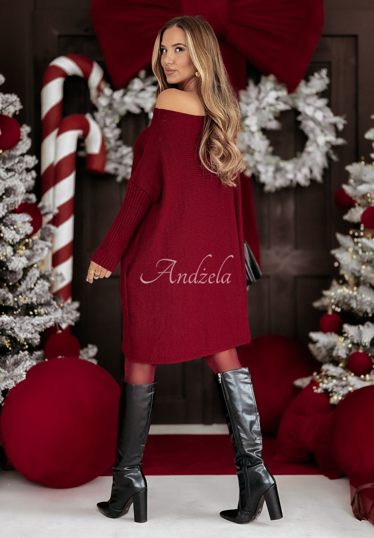 Dzianinowy sweter sukienka oversize California burgundowy