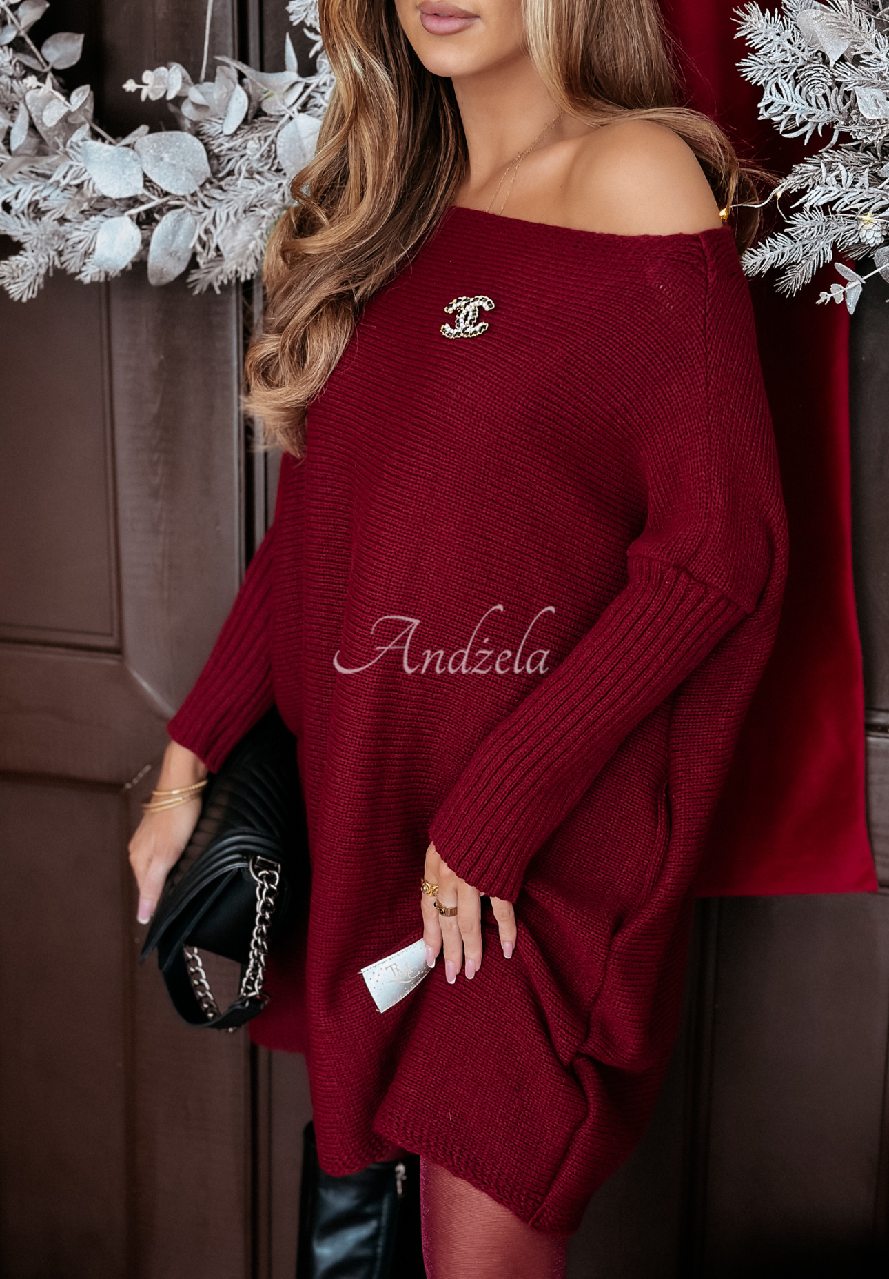 Dzianinowy sweter sukienka oversize California burgundowy