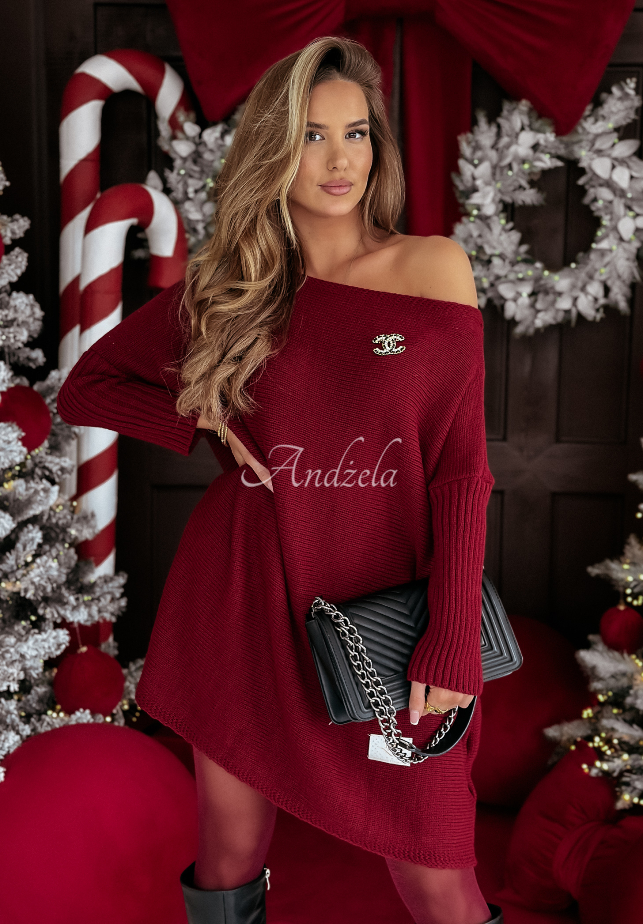Knitted sweater dress oversize California burgundy