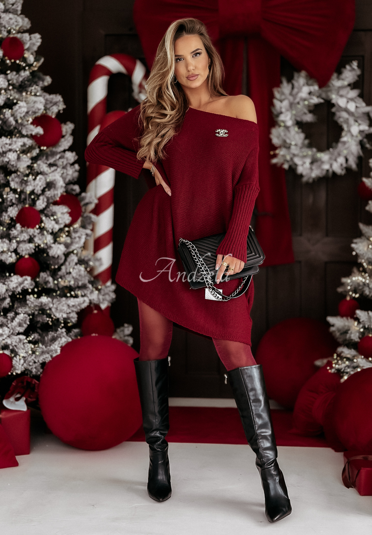 Dzianinowy sweter sukienka oversize California burgundowy