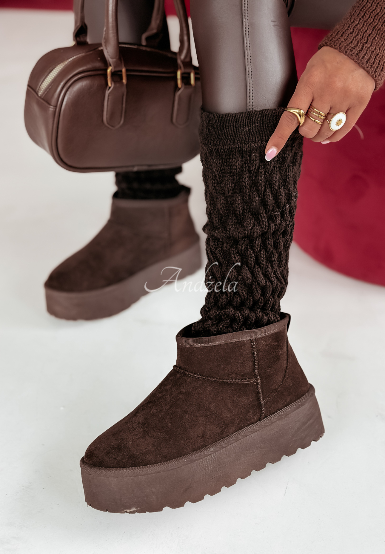 Embellished plaid warmer gaiters Winter Blues chocolate.