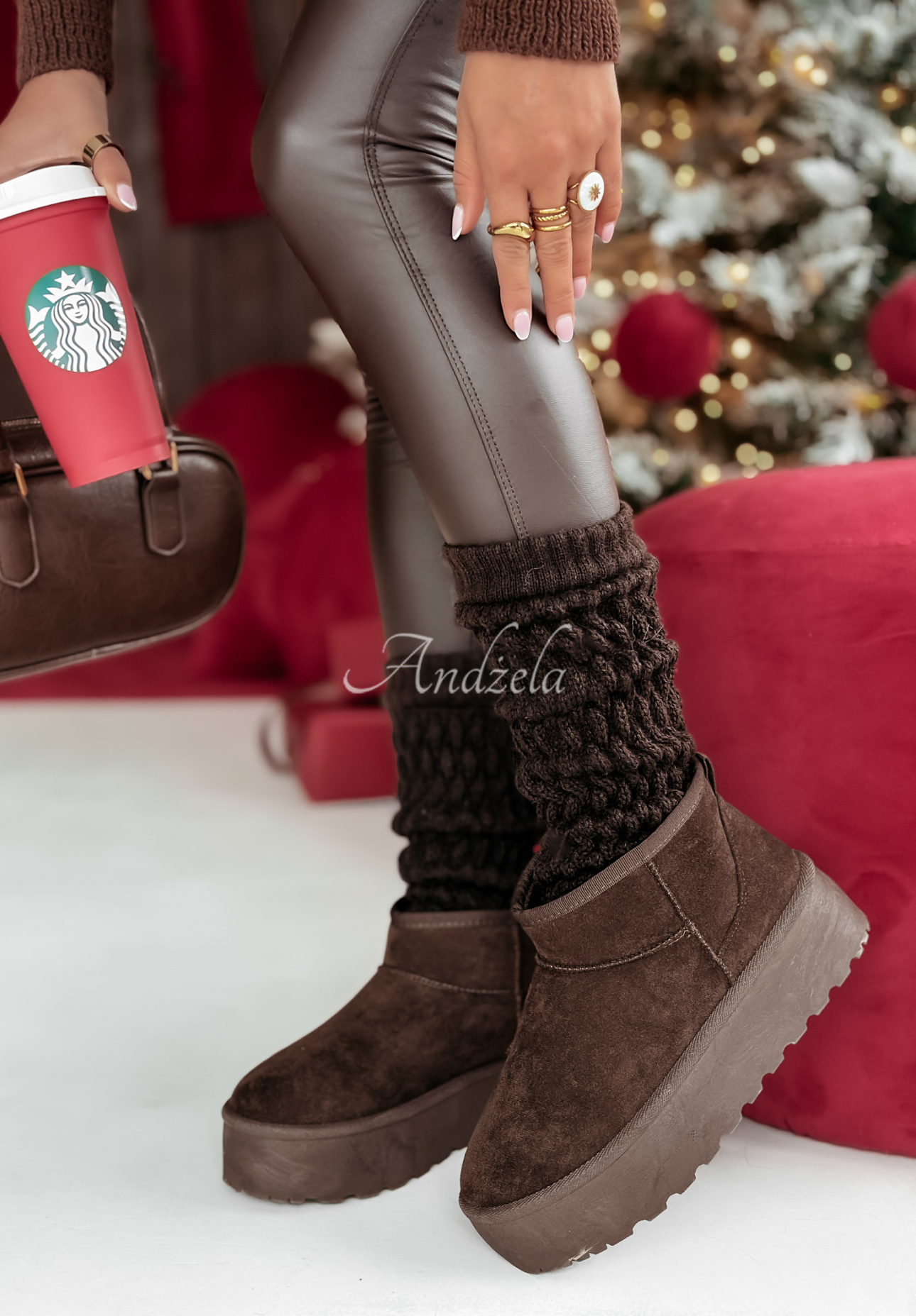 Embellished plaid warmer gaiters Winter Blues chocolate.