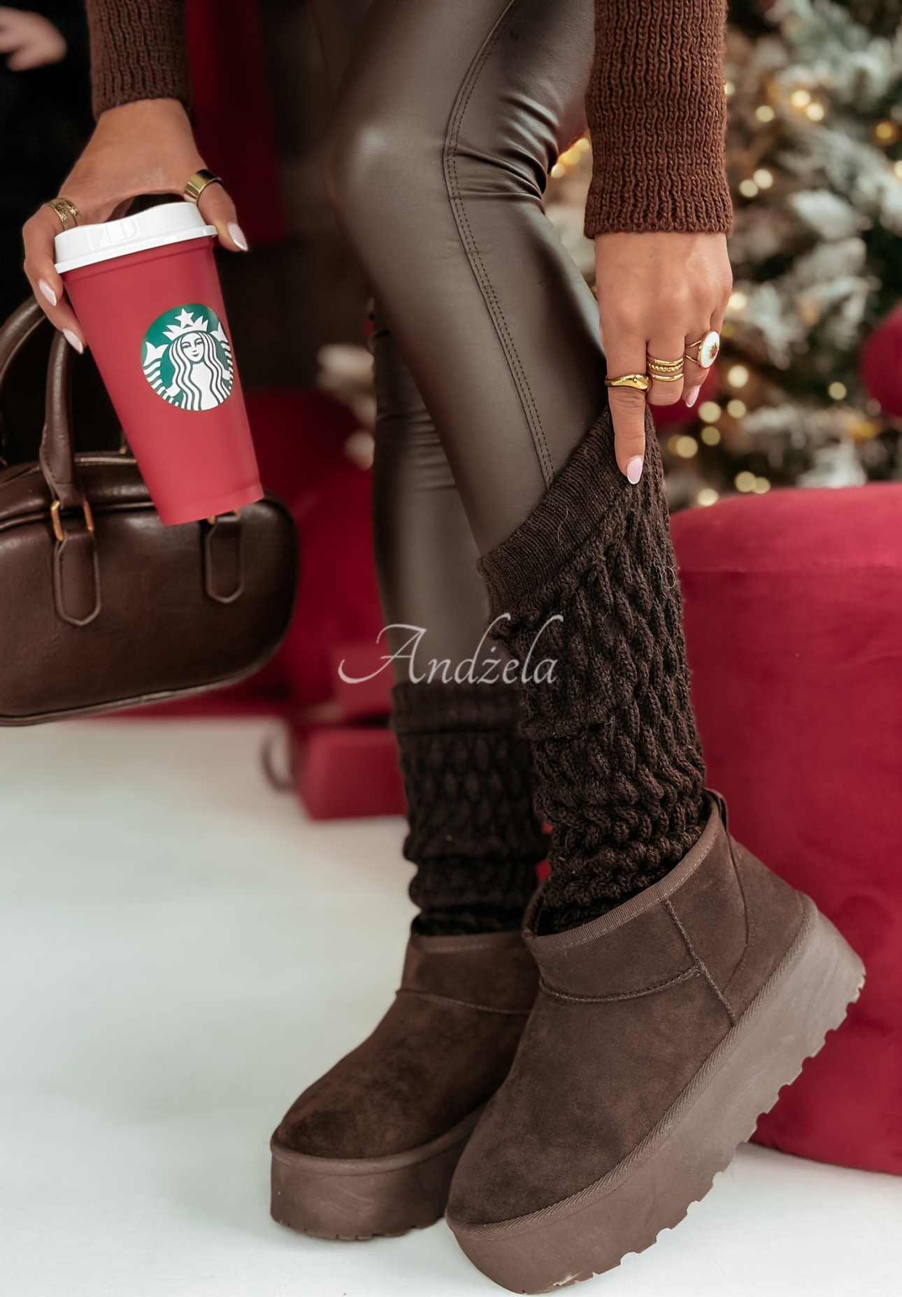 Embellished plaid warmer gaiters Winter Blues chocolate.