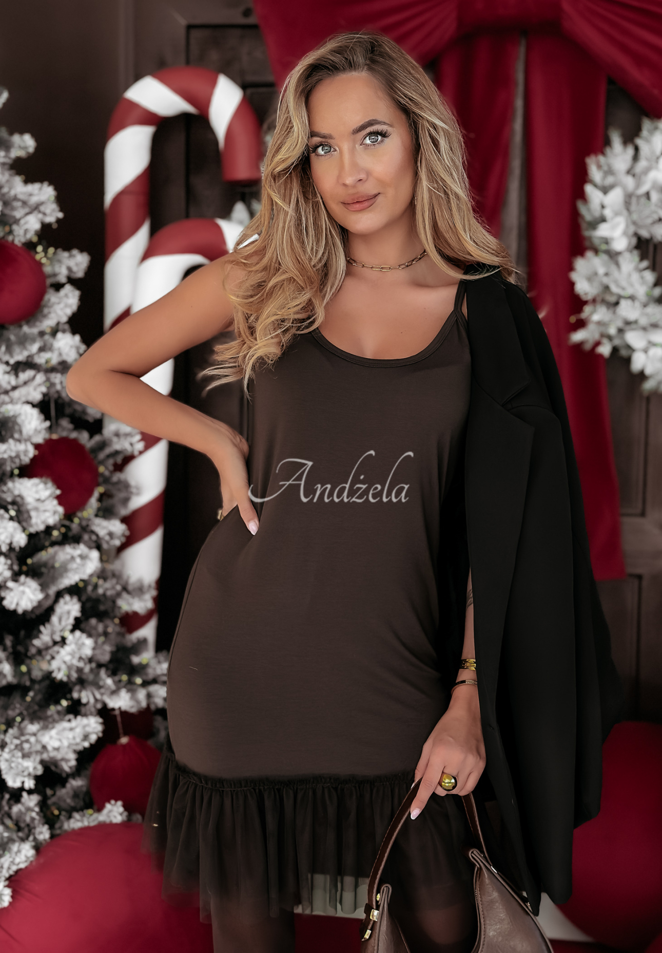 Viscose mini dress with tulle Megi dark chocolate