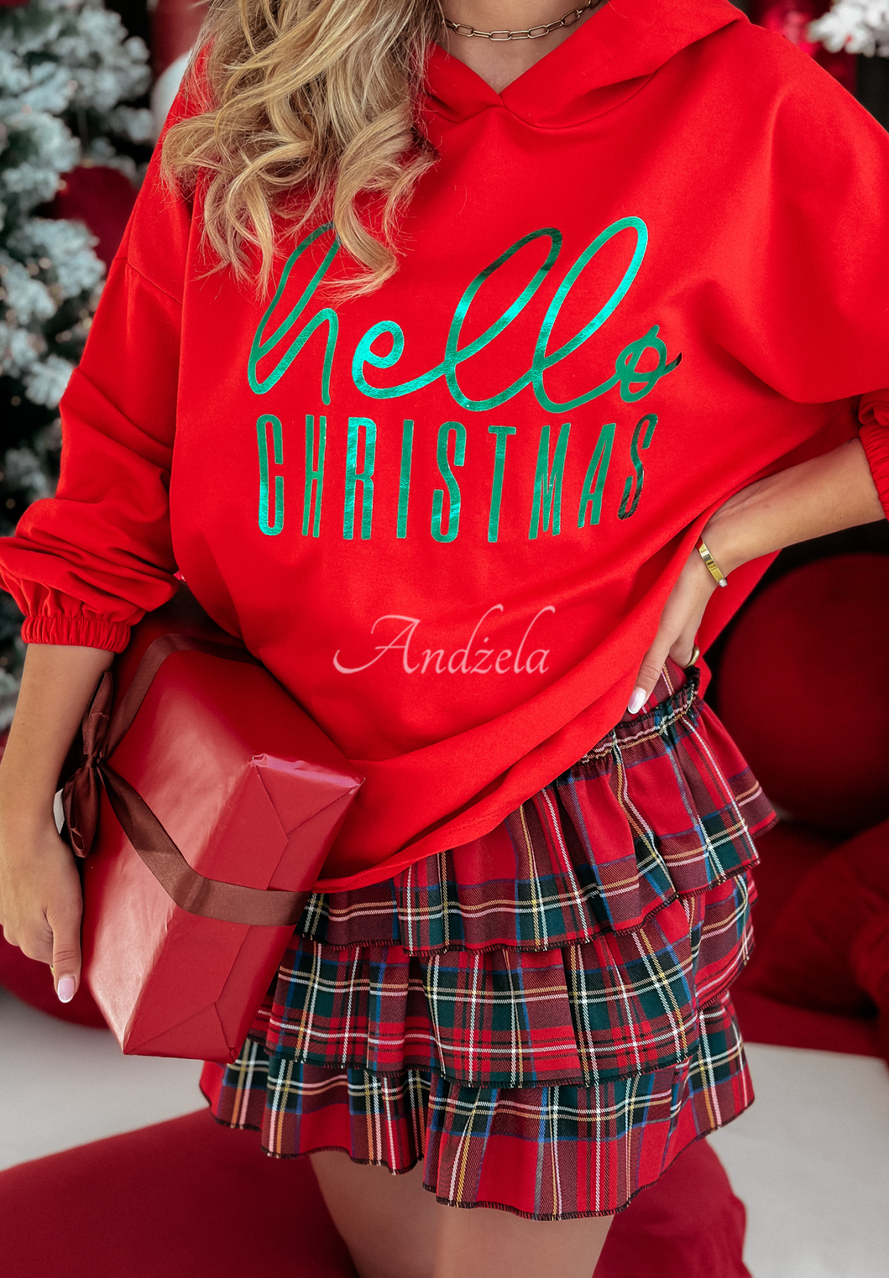 Bluza z kapturem Hello Christmas czerwona