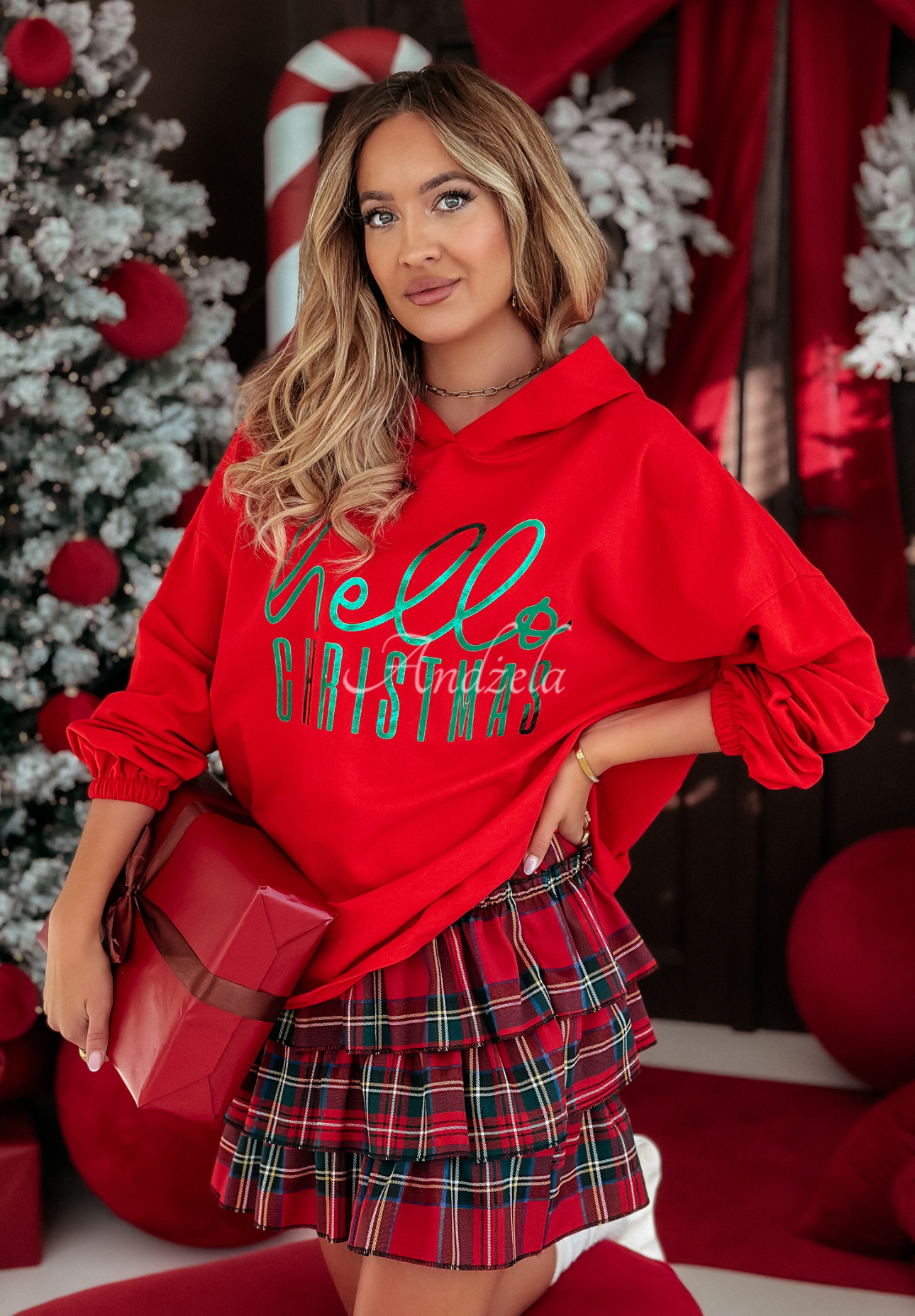 Bluza z kapturem Hello Christmas czerwona