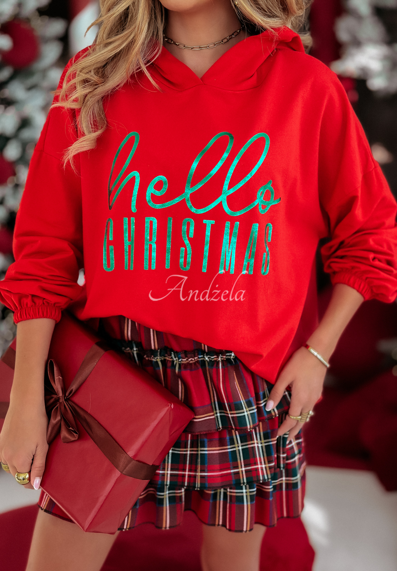 Bluza z kapturem Hello Christmas czerwona