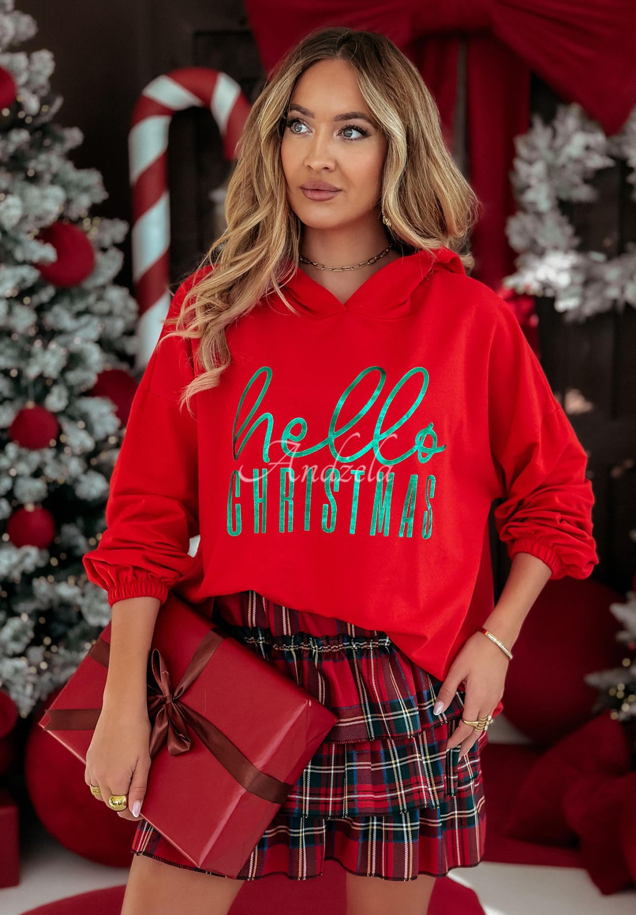 Bluza z kapturem Hello Christmas czerwona