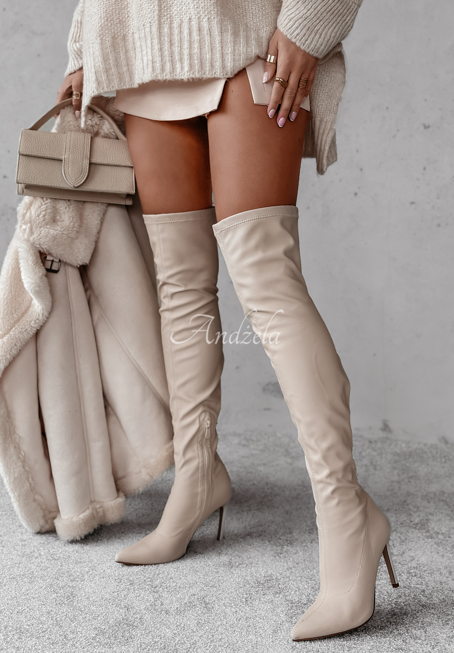 Luxe Tailored beige long leather stiletto boots Andżela Online Store — free download