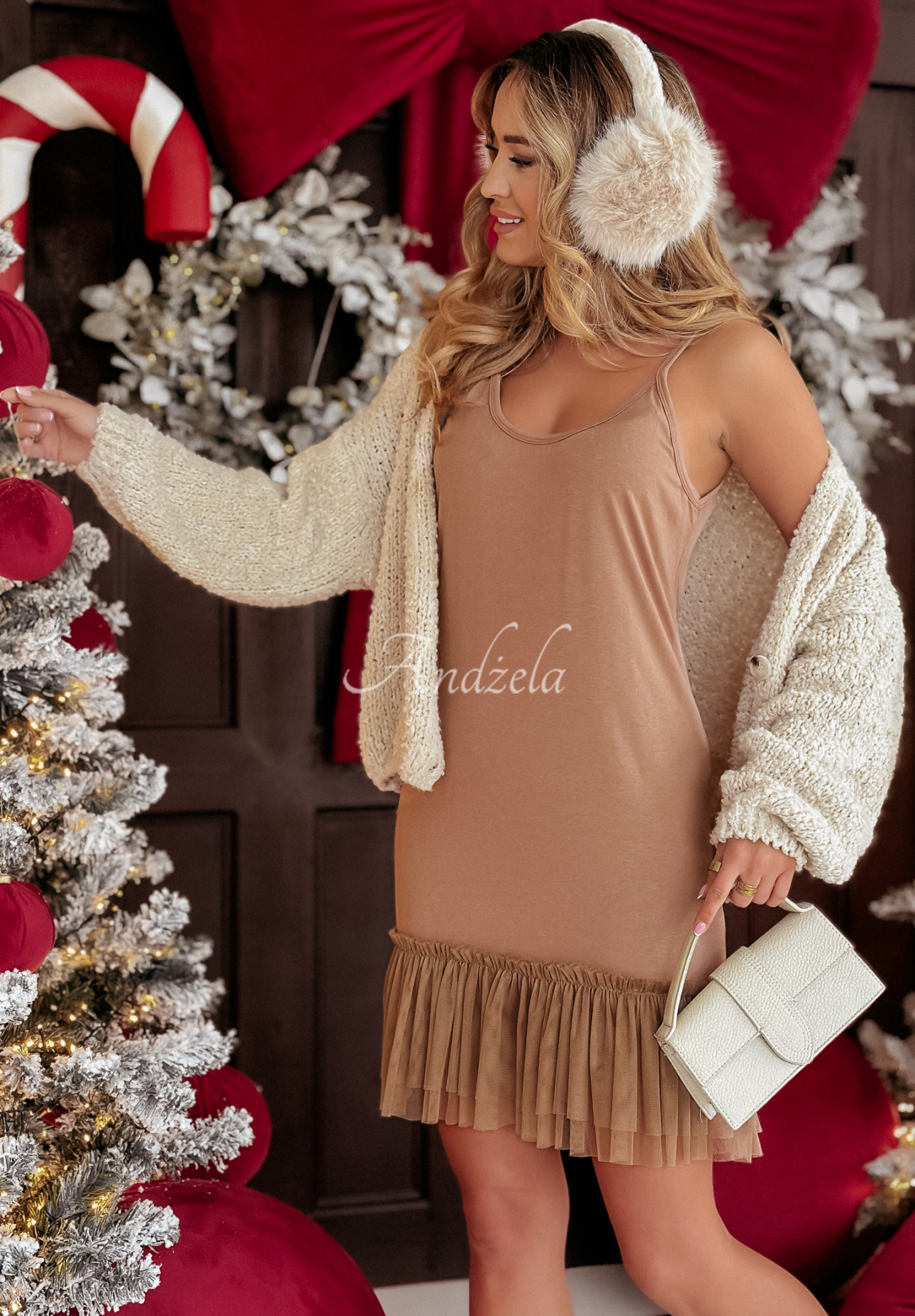 Megi camel mini tunic dress with tulle