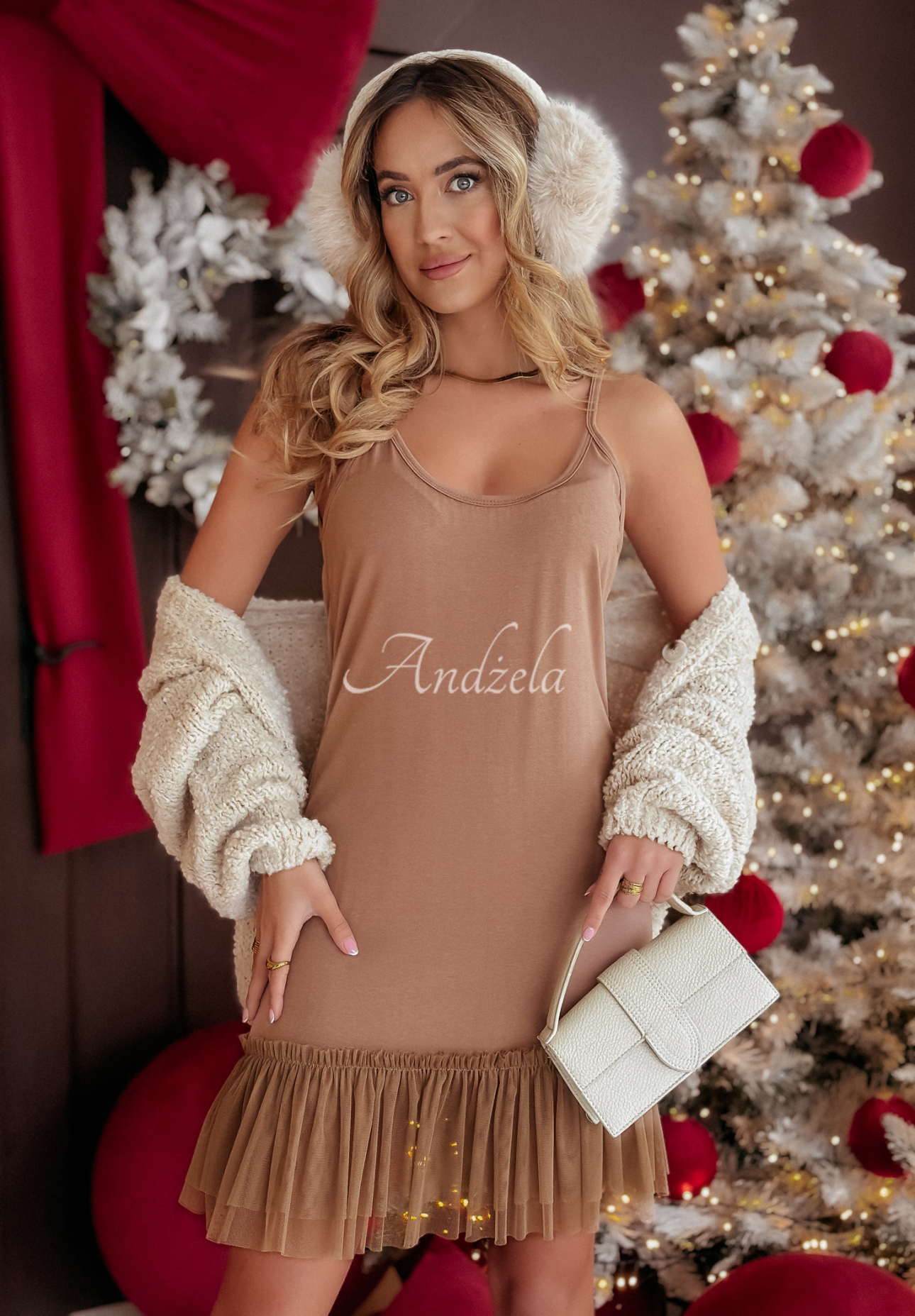 Megi camel mini tunic dress with tulle