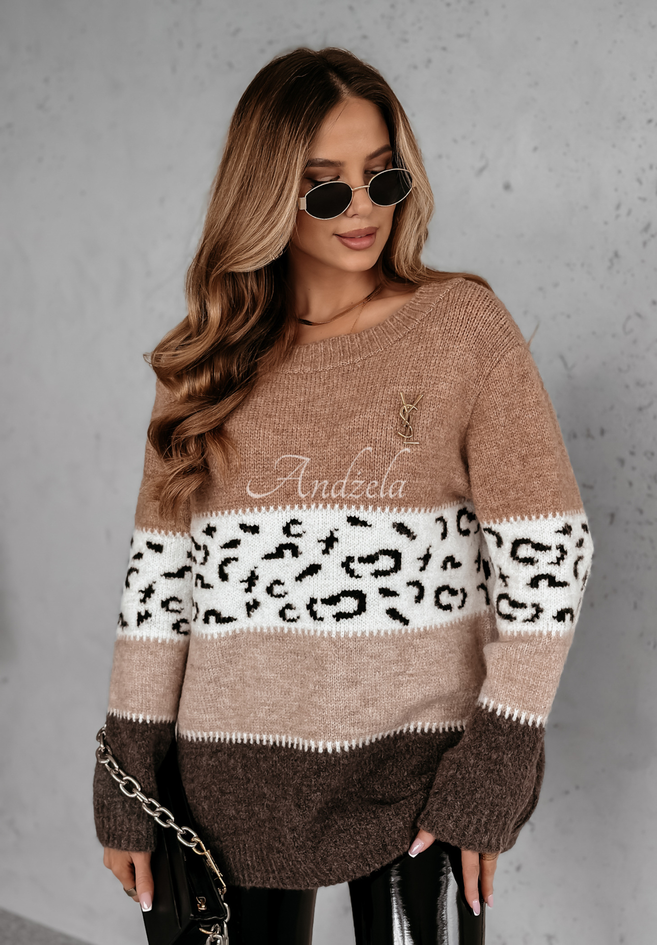 Sweter w panterkę Tissy camelowo-czekoladowy