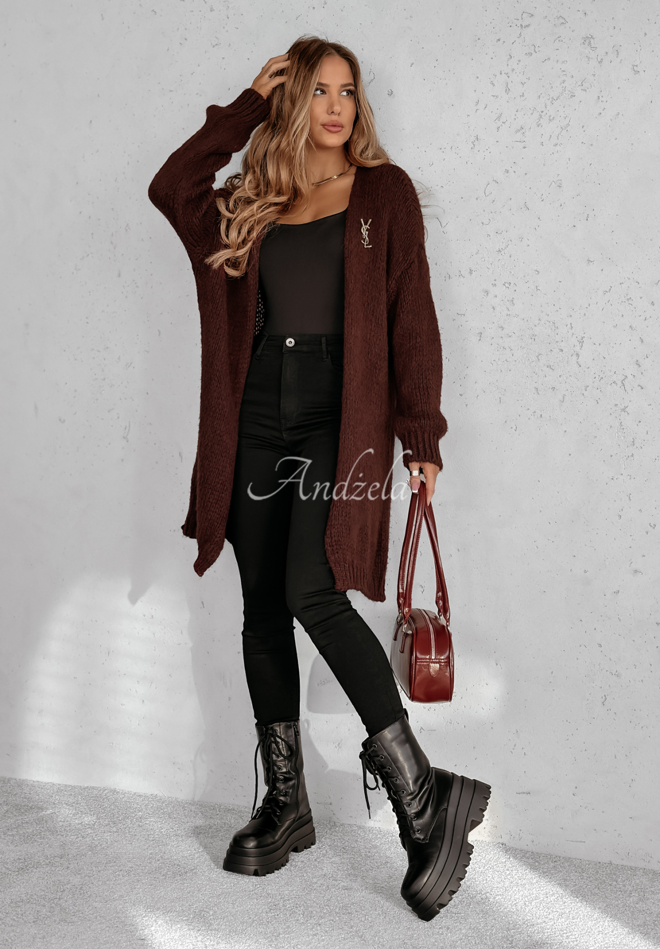 Bueno long knitted cardigan burgundy