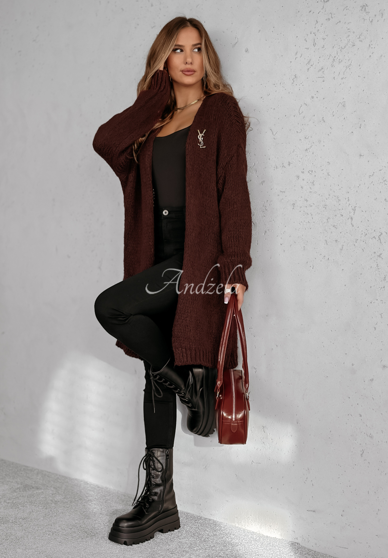 Bueno long knitted cardigan burgundy