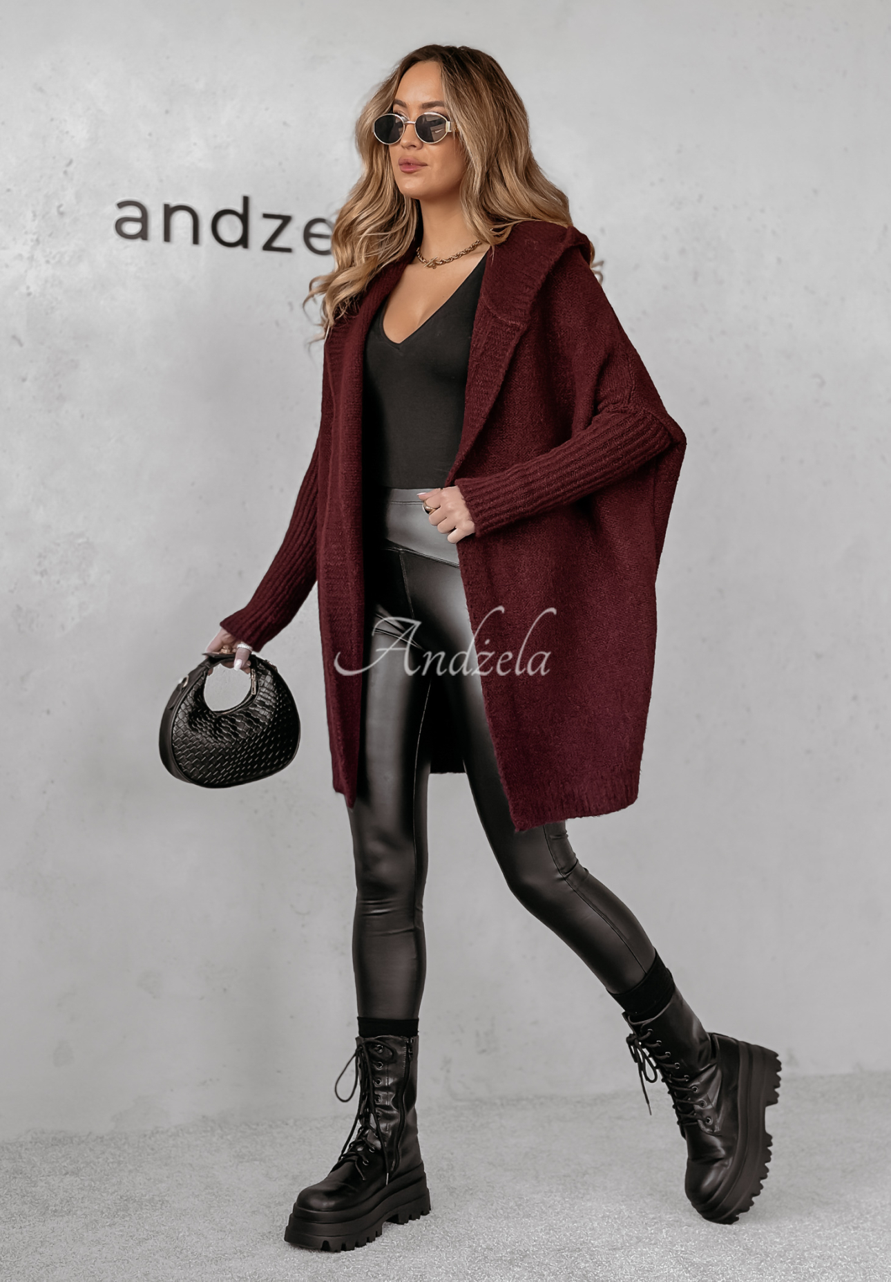 Long oversize cardigan with hood Montevista burgundy