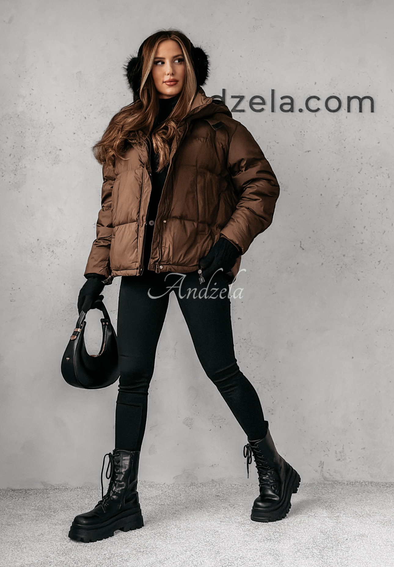 Aurora Skies chocolate down jacket with hood.