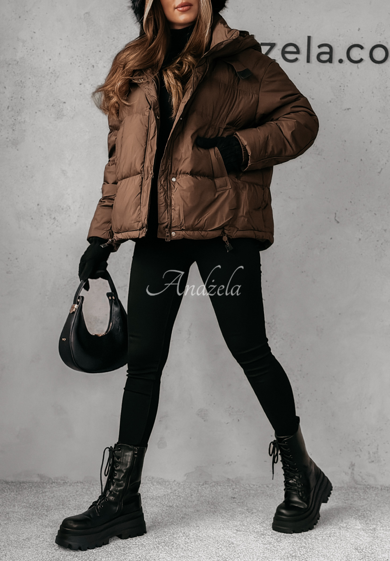 Aurora Skies chocolate down jacket with hood.