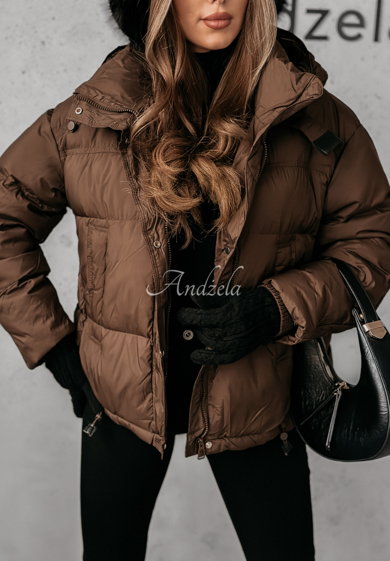 Aurora Skies chocolate down jacket with hood.