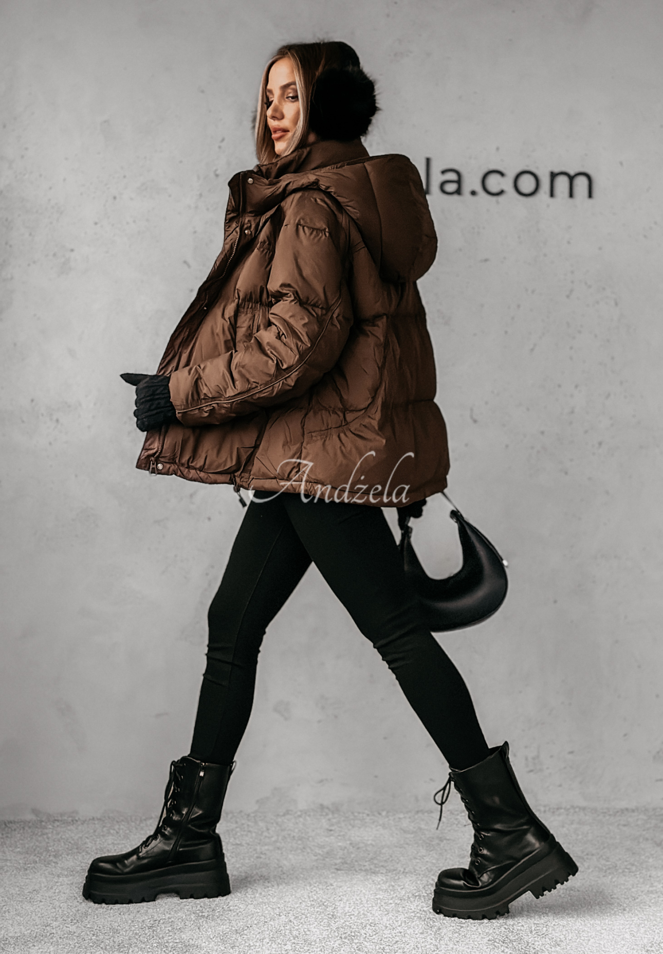 Aurora Skies chocolate down jacket with hood.