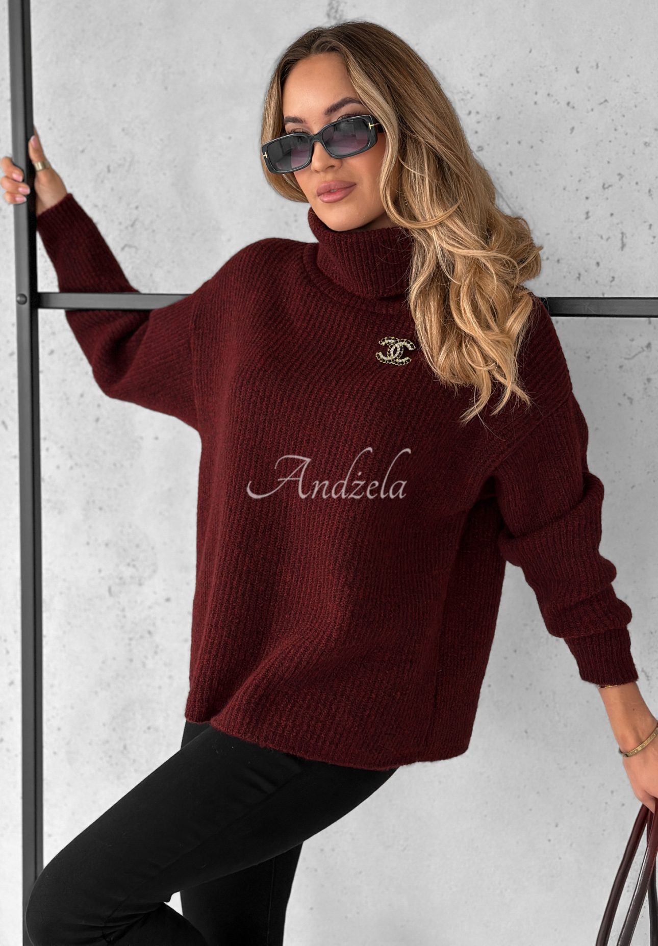 Sweter oversize z wełną Fuller burgundowy