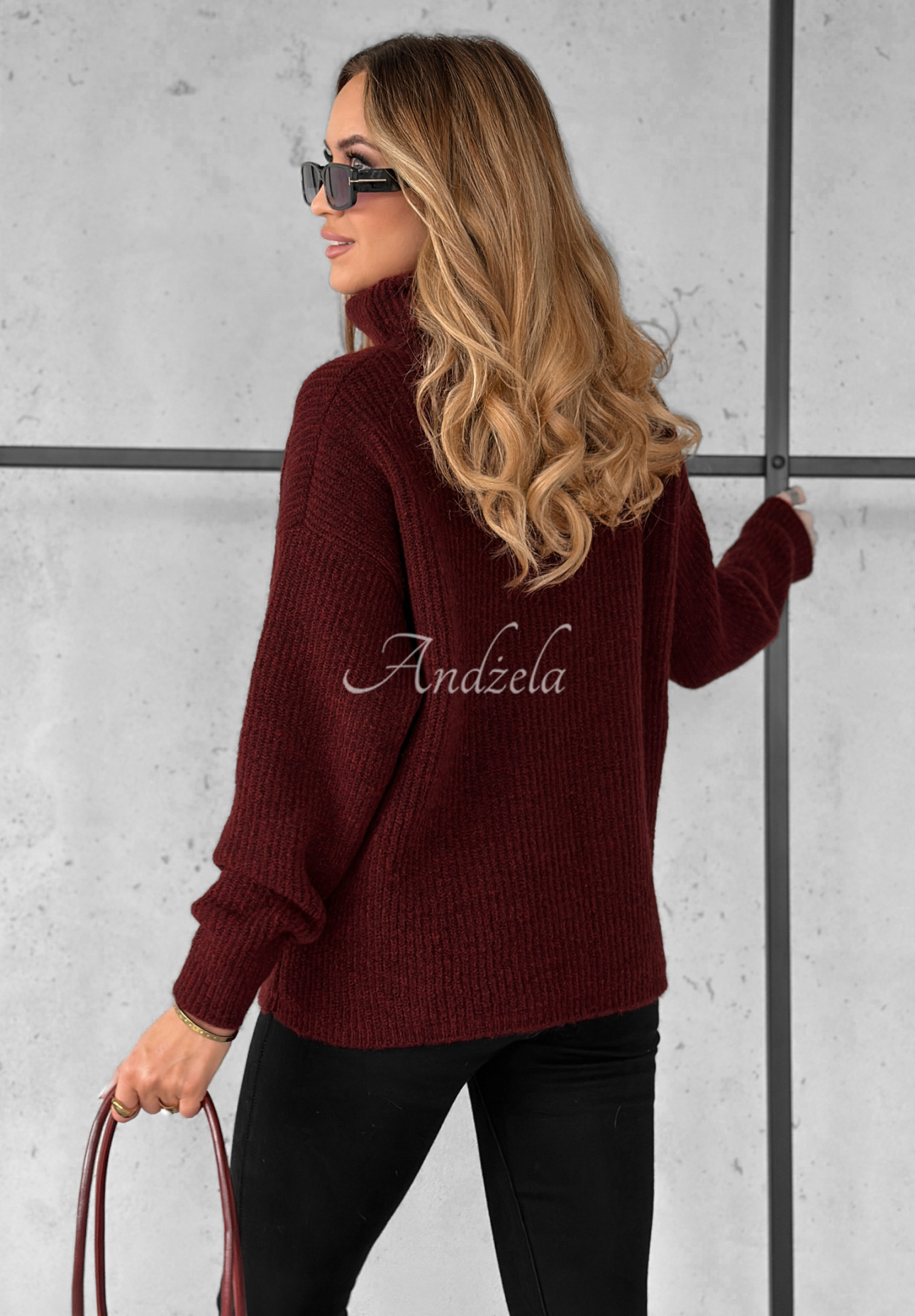Sweter oversize z wełną Fuller burgundowy
