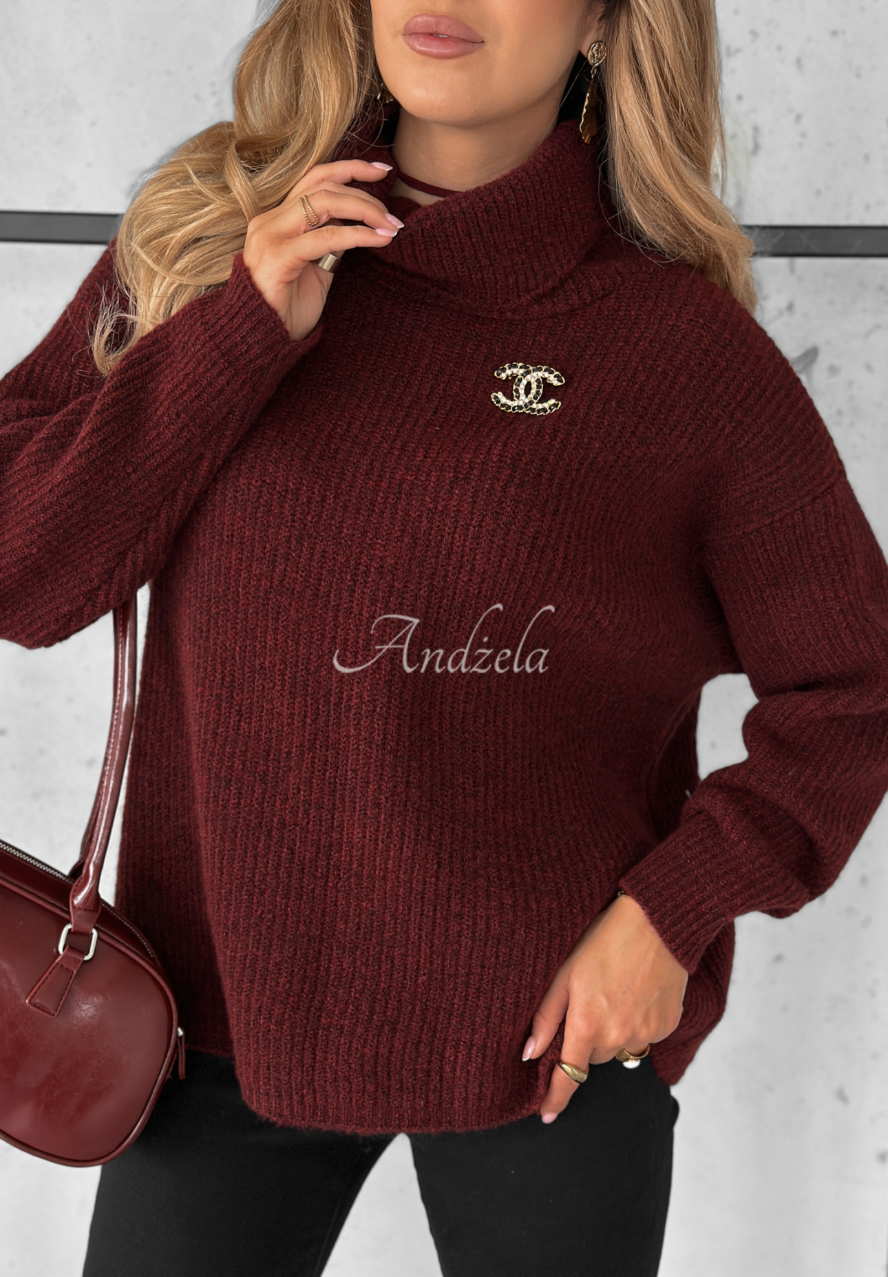 Sweter oversize z golfem Fuller burgundowy