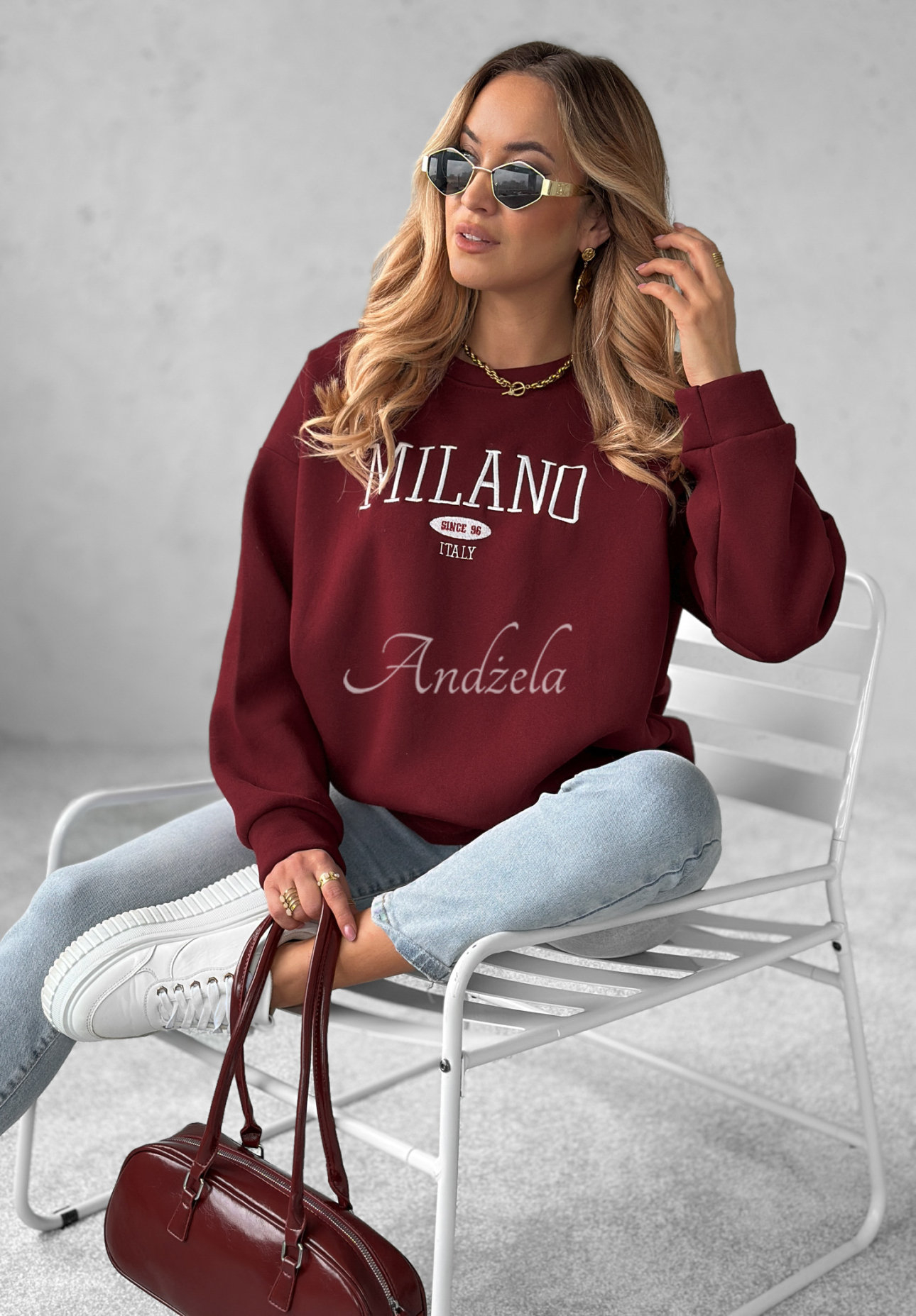 Bluza oversize z napisem Milano Amore burgundowa