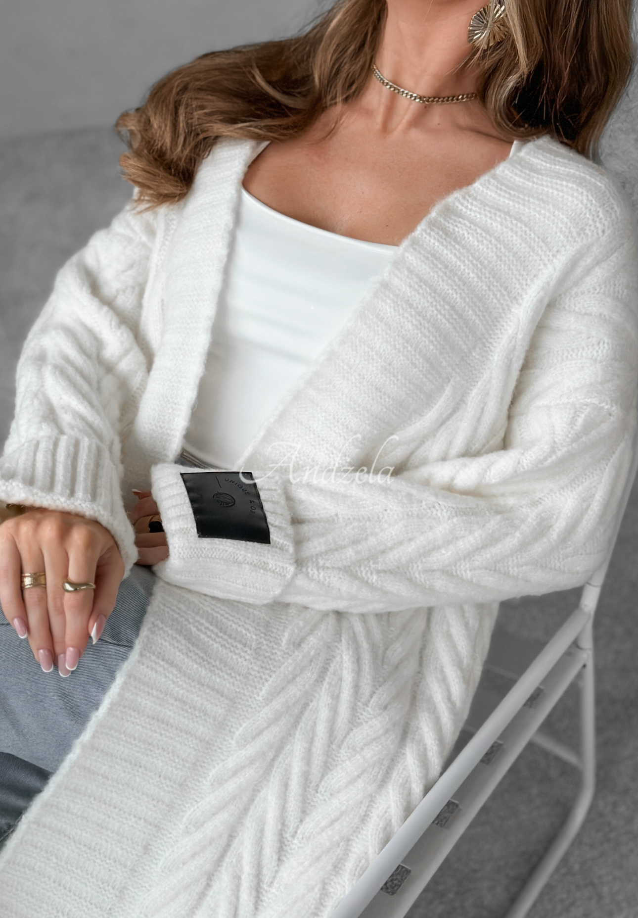 Long decorative braided cardigan Raindrop Reverie ecru