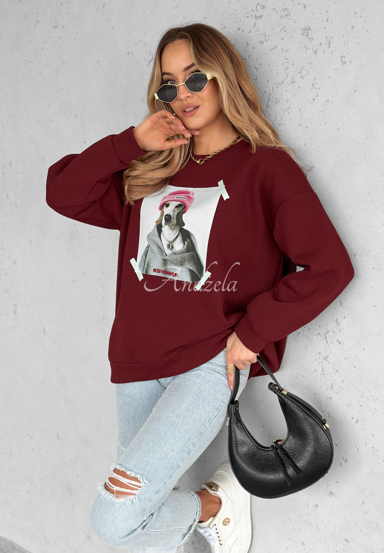 Bluza oversize z nadrukiem The Fancy burgundowa