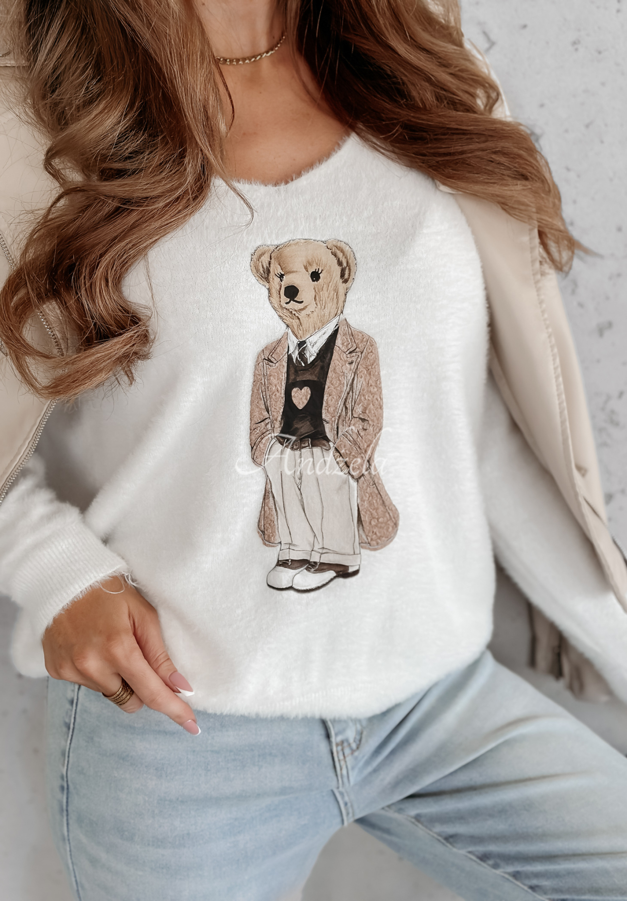 Sweter oversize z misiem Casual Teddy ecru