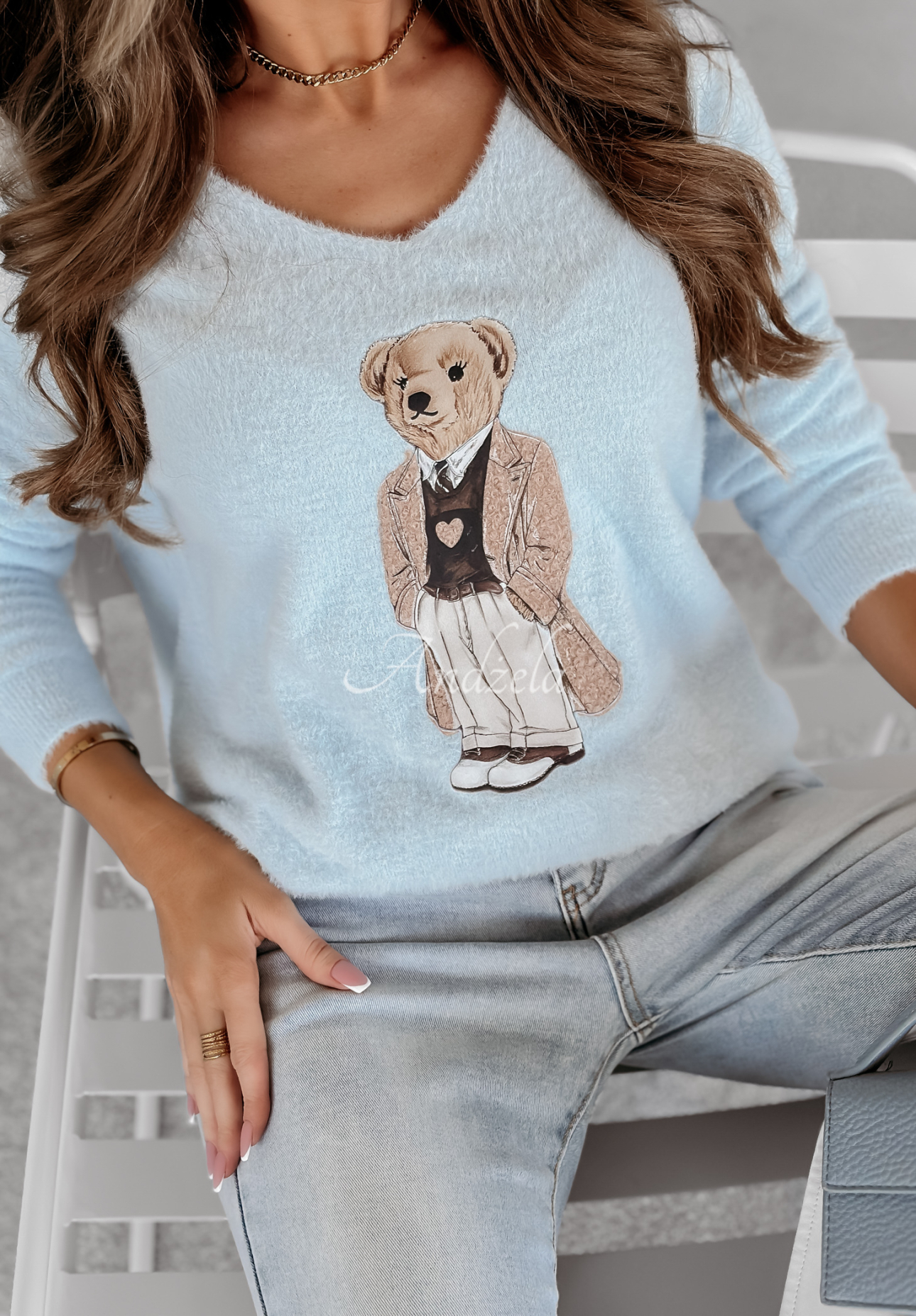 Sweter oversize z misiem Casual Teddy błękitny