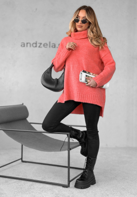 Sweter oversize z golfem i wełną Benin koralowy