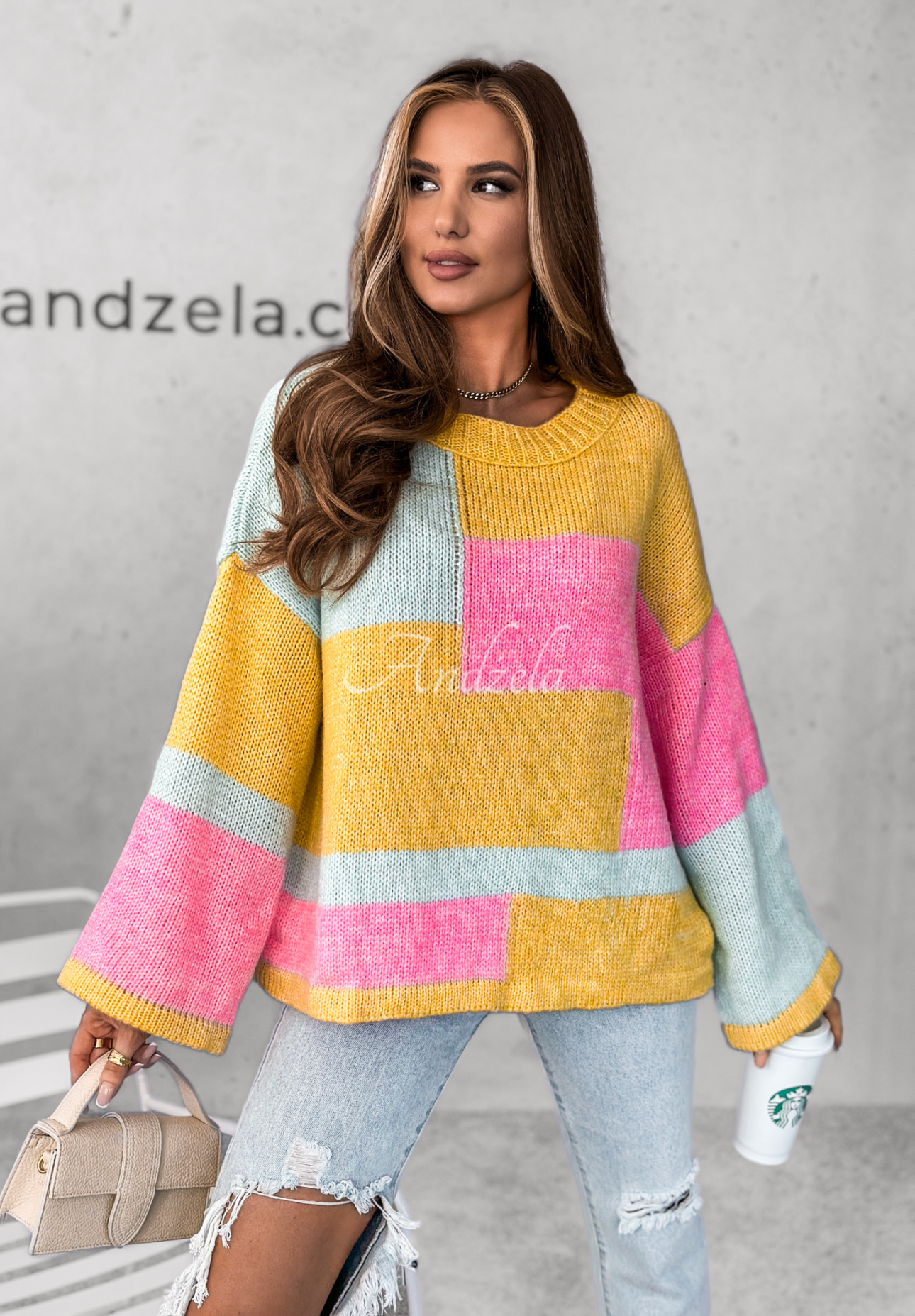 Sweter oversize Choose Happiness żółto-miętowy