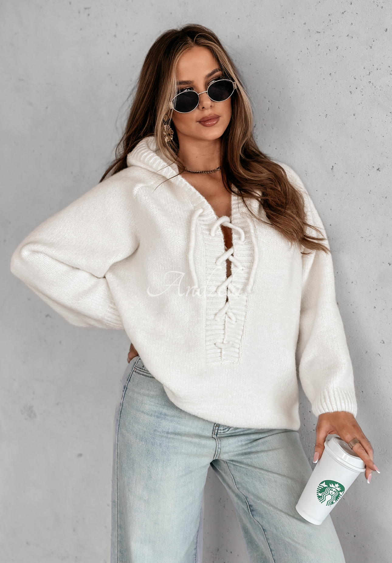 Oversize sweater with lacing and hood Laossi ecru