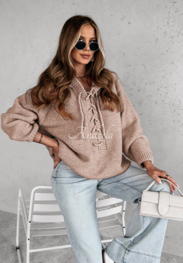 Sznurowany sweter oversize z kapturem i wełną Laossi beżowy