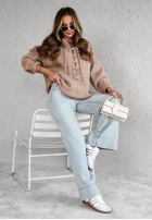 Jumper oversize ze sznurowaniem i kapturem Laossi in beige