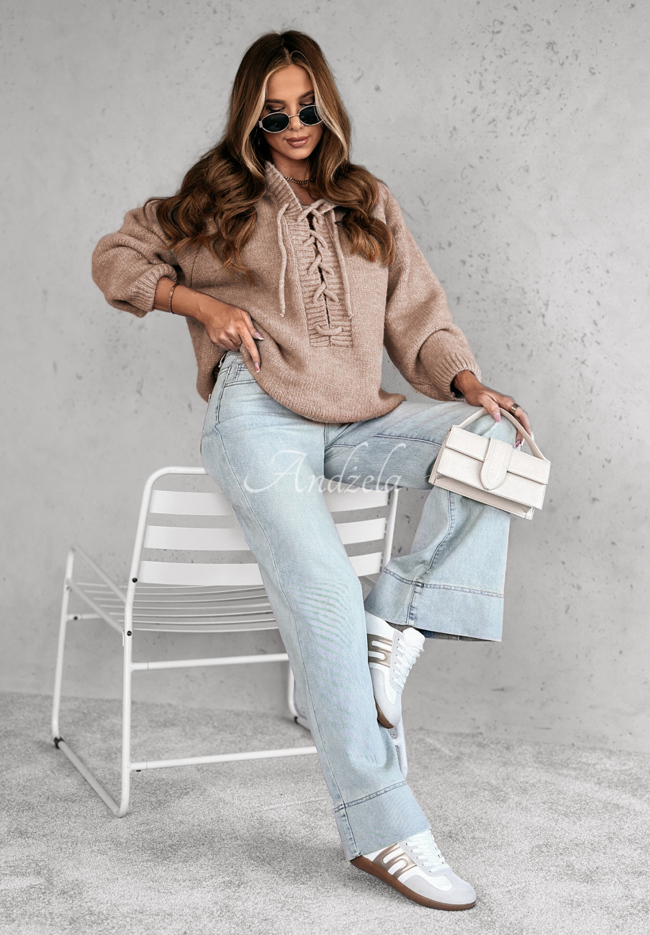 Oversize sweater with lacing and hood Laossi beige