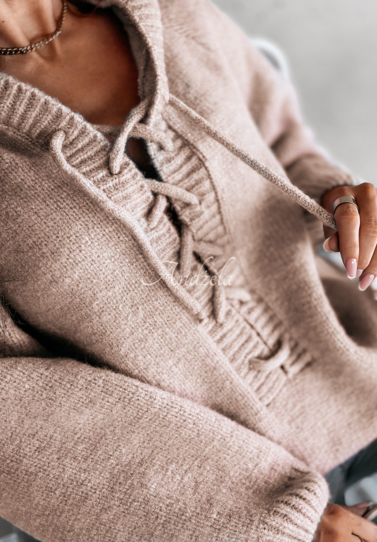 Oversize sweater with lacing and hood Laossi beige