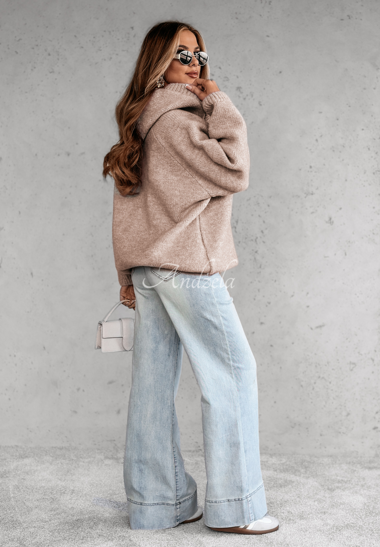 Oversize sweater with lacing and hood Laossi beige