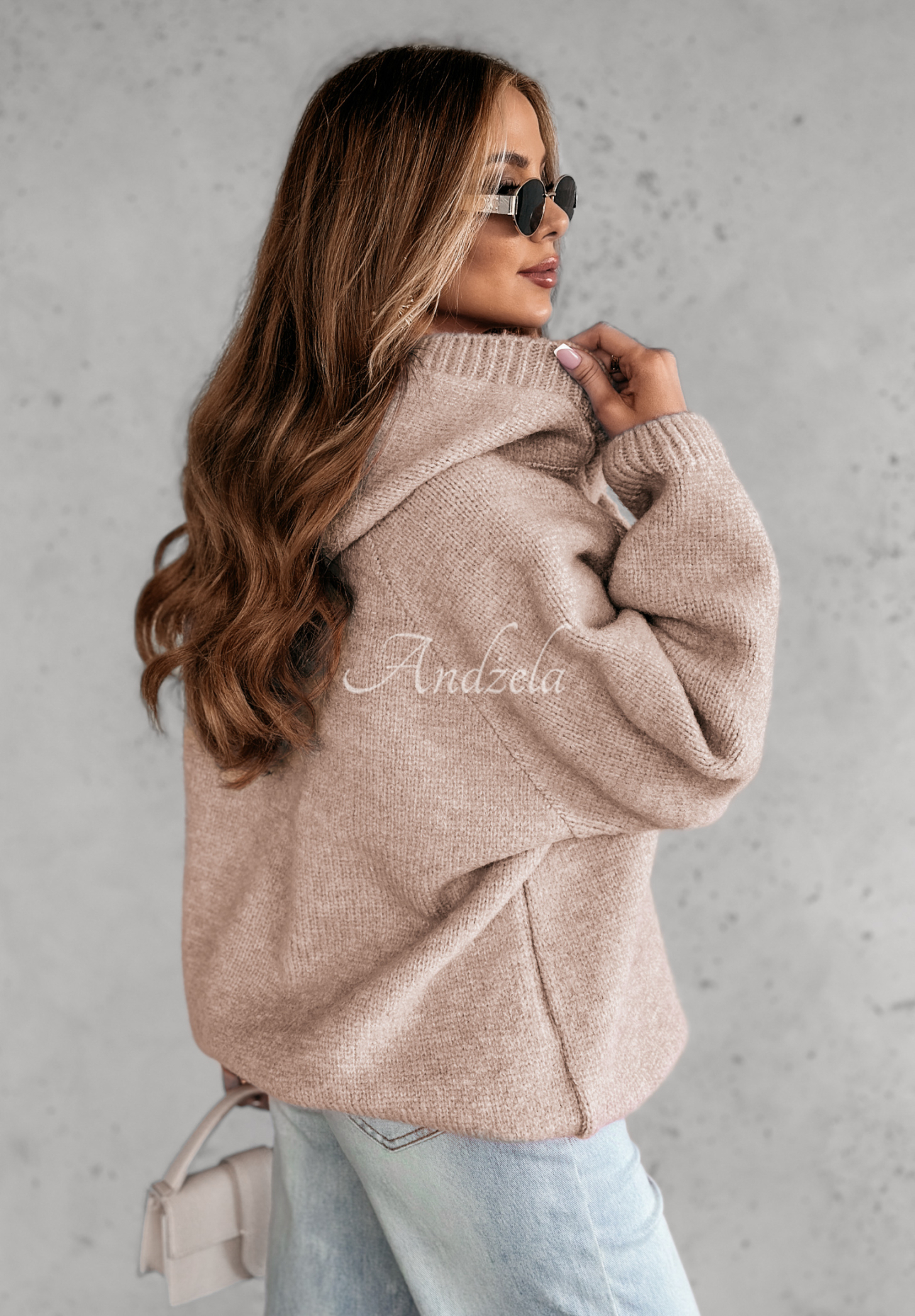 Oversize sweater with lacing and hood Laossi beige