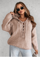 Sweter oversize ze sznurowaniem i kapturem Laossi beżowy