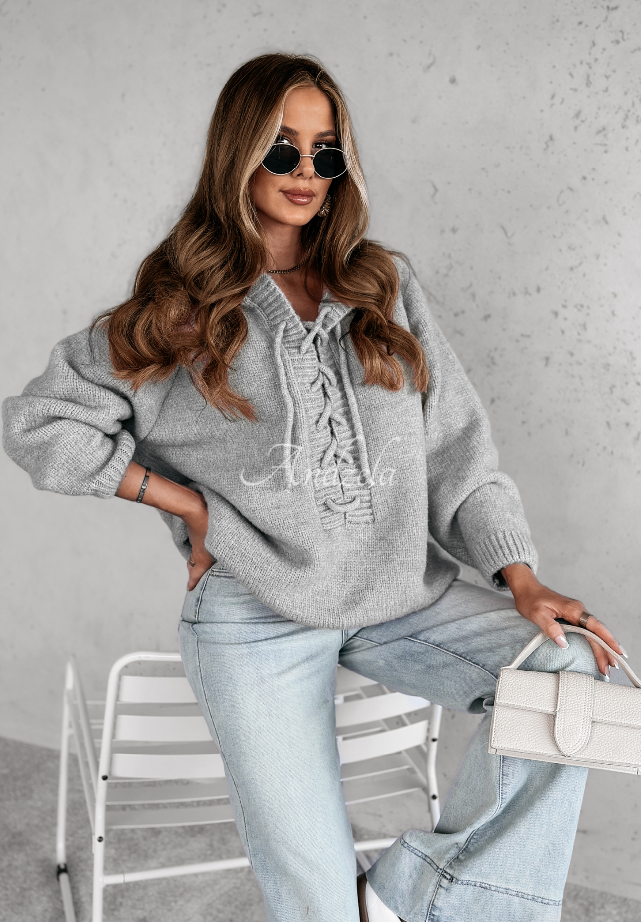 Oversize sweater with lacing and hood Laossi grey
