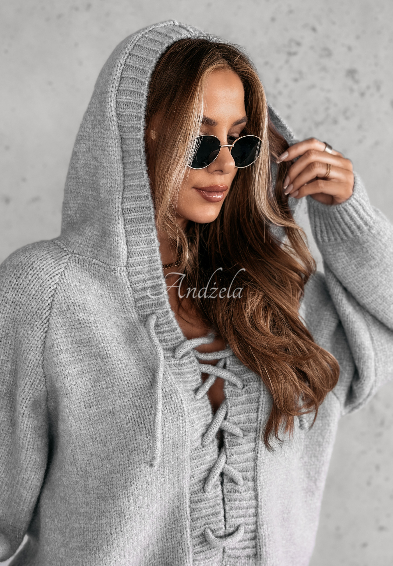 Oversize sweater with lacing and hood Laossi grey