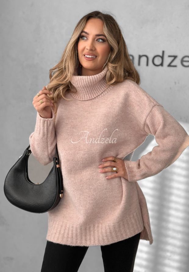 Sweter oversize z golfem i wełną Benin pudrowy r&oacute;ż